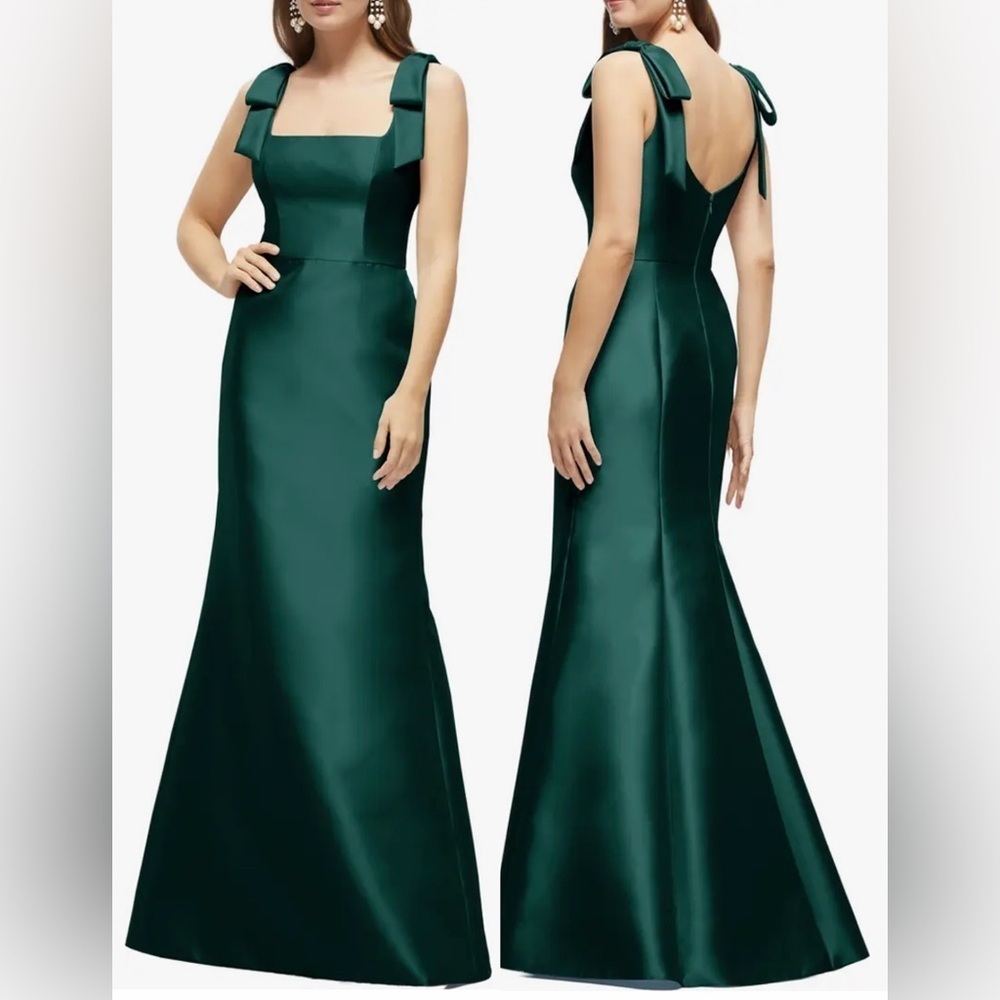 NEW Alfred Sung Bow Strap Satin Twill Trumpet Gown Sz 14 R evergreen green - Picture 1 of 6